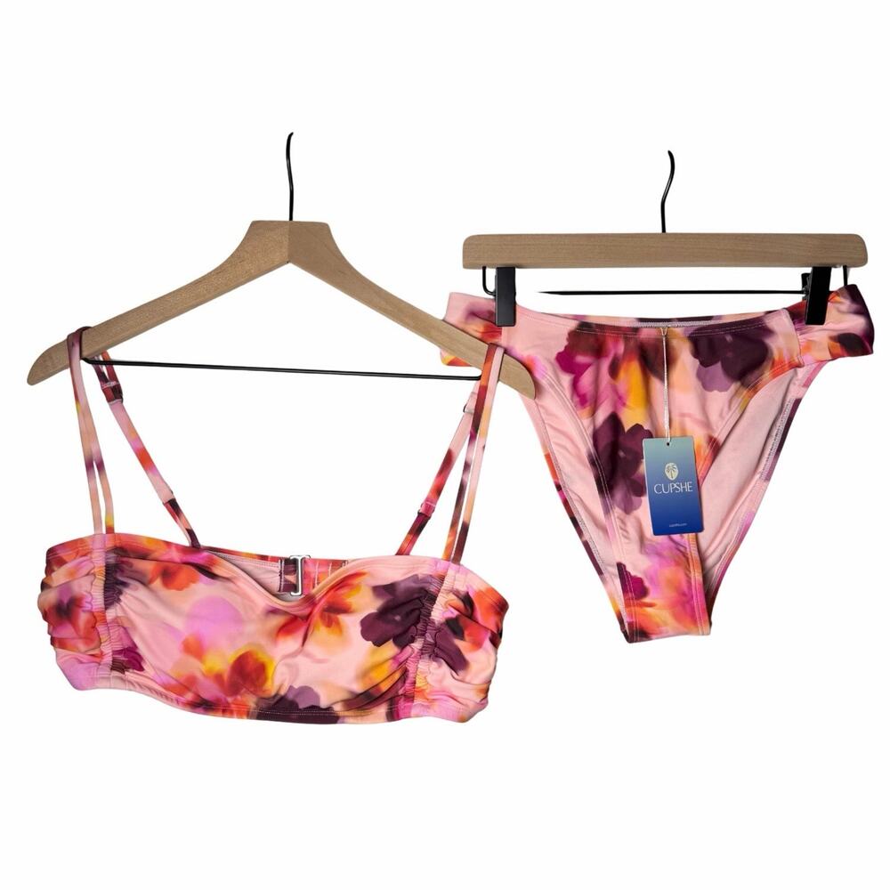Cupshe Floral Pink Swim Suit Bikini Set Bandeau Top size XL Bottoms size M